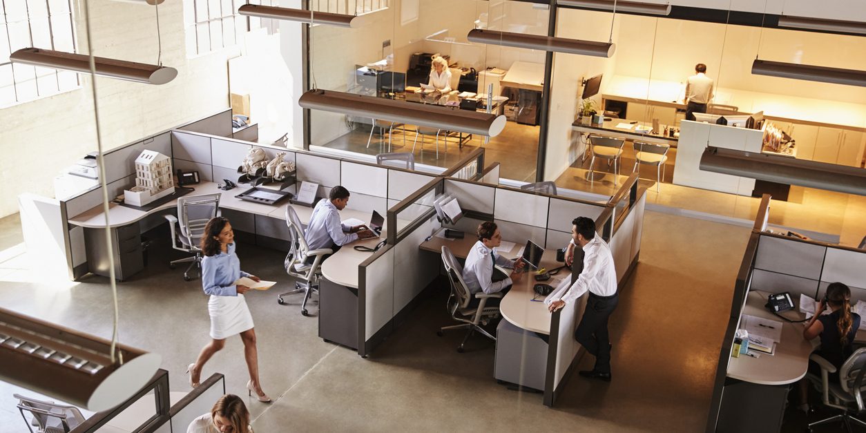 Elevated view of a busy open plan office