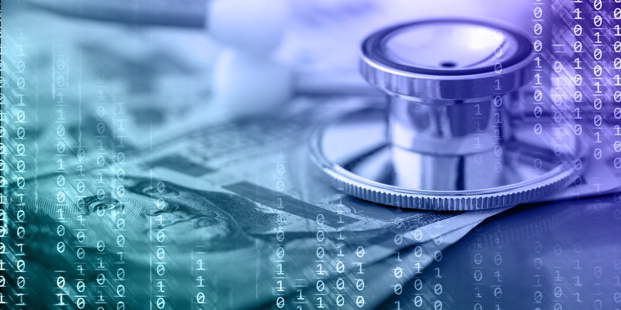ACA Group Health Plan Affordability Level Up Sharply Abstract technology background with binary code, US dollars and a stethoscope. Can be used as a concept of internet paid medicine, digital financial security, etc.