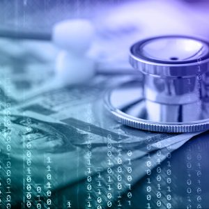 ACA Group Health Plan Affordability Level Up Sharply Abstract technology background with binary code, US dollars and a stethoscope. Can be used as a concept of internet paid medicine, digital financial security, etc.